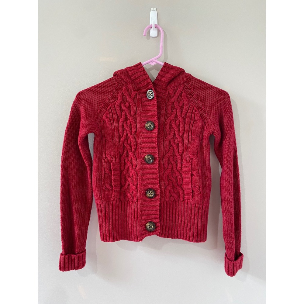 Gap Kids Girls Red Cable Knit‎ Hooded Cardigan Sweater Button Front Size L 10